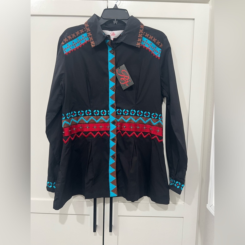 NWT Roja Western Black Embroidered Button-Up Shirt size large